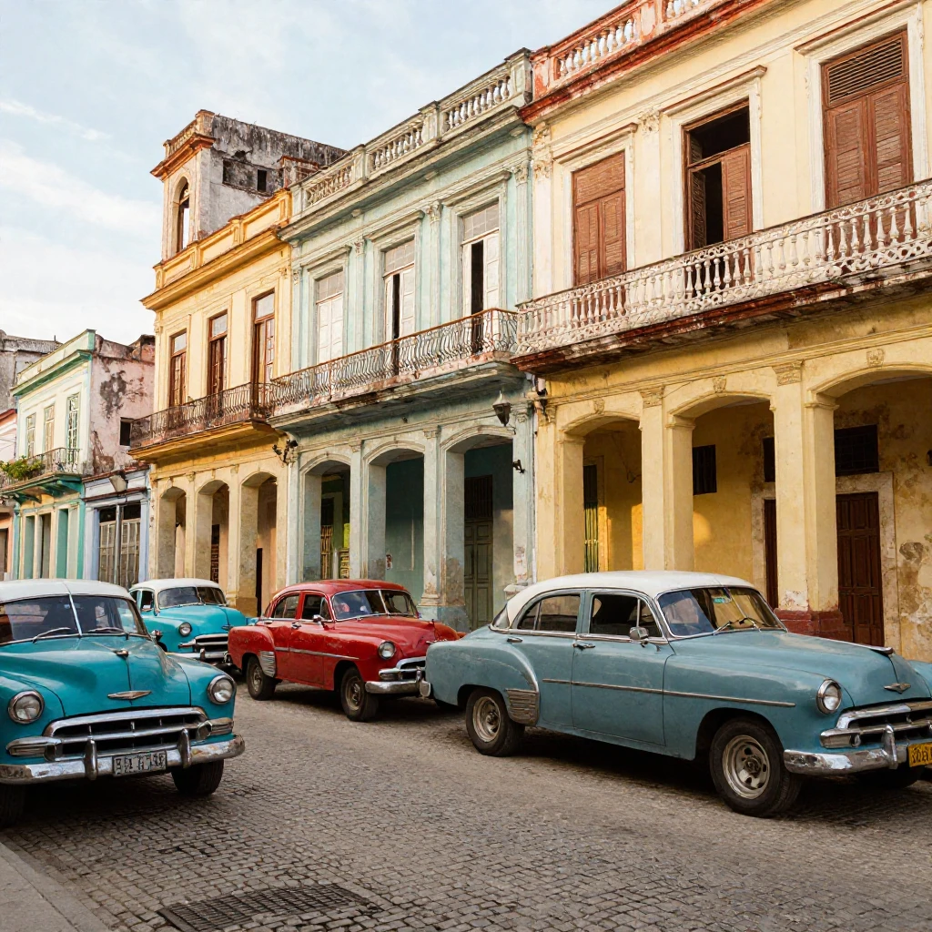 A colorful street scene in Old Havana, Cuba, with classic vi...