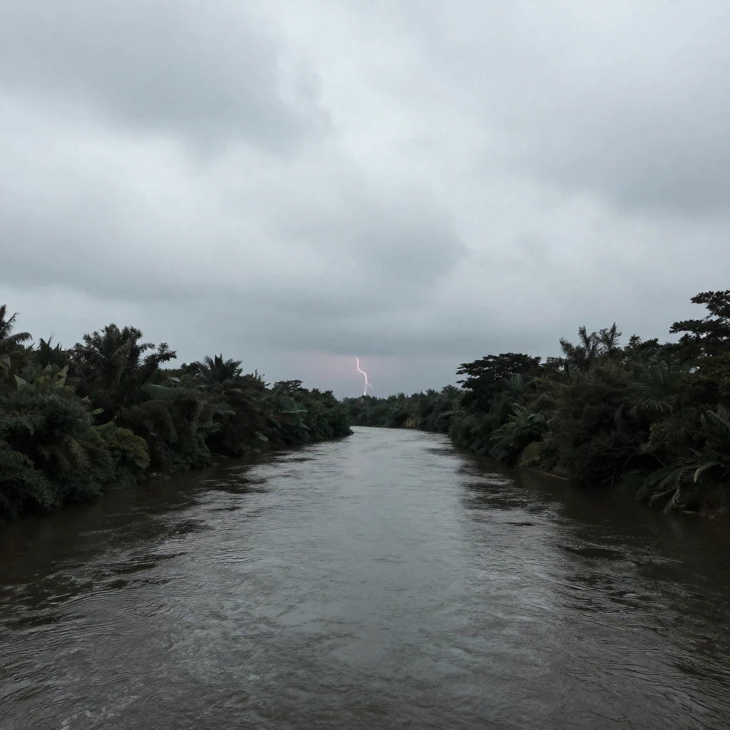 A wide, dark river flowing under an overcast sky, with subtl...