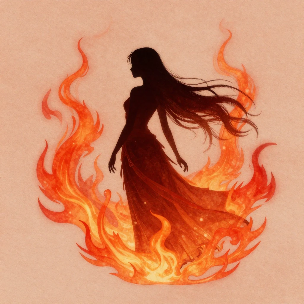 A dark silhouette of a graceful woman with long flowing hair...