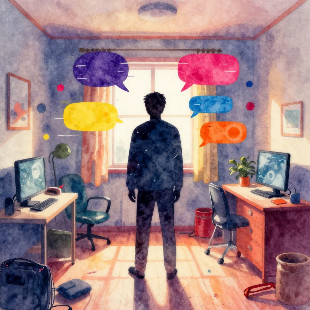 Vibrant watercolor art of a suffocating, cluttered room. A s...