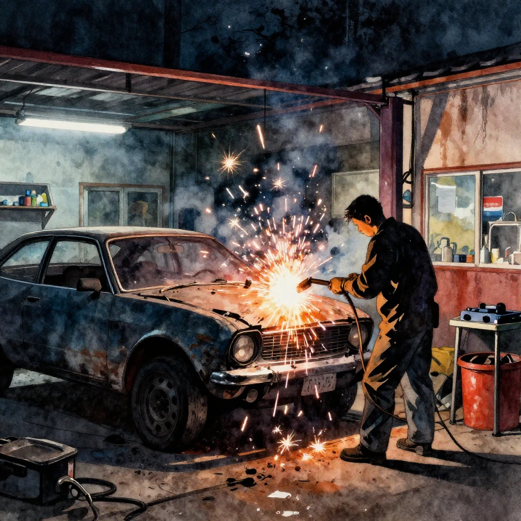 Vibrant watercolor painting of a gritty auto repair shop at ...