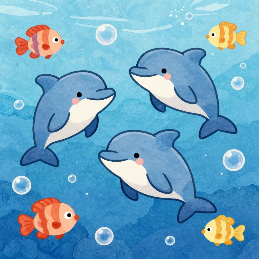 Vibrant watercolor style. Cute cartoon dolphins with blue ba...