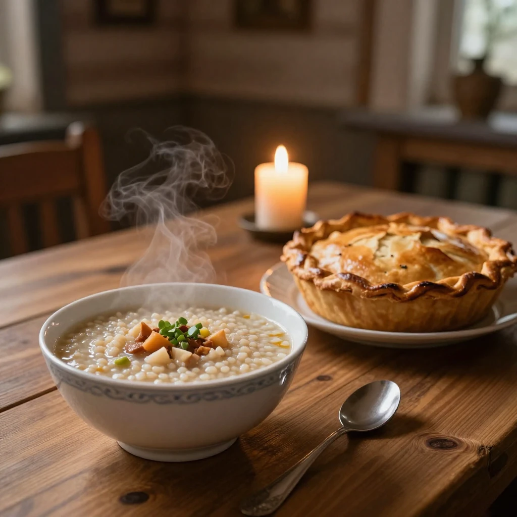 A wooden table with a steaming bowl of kasha (porridge) and ...