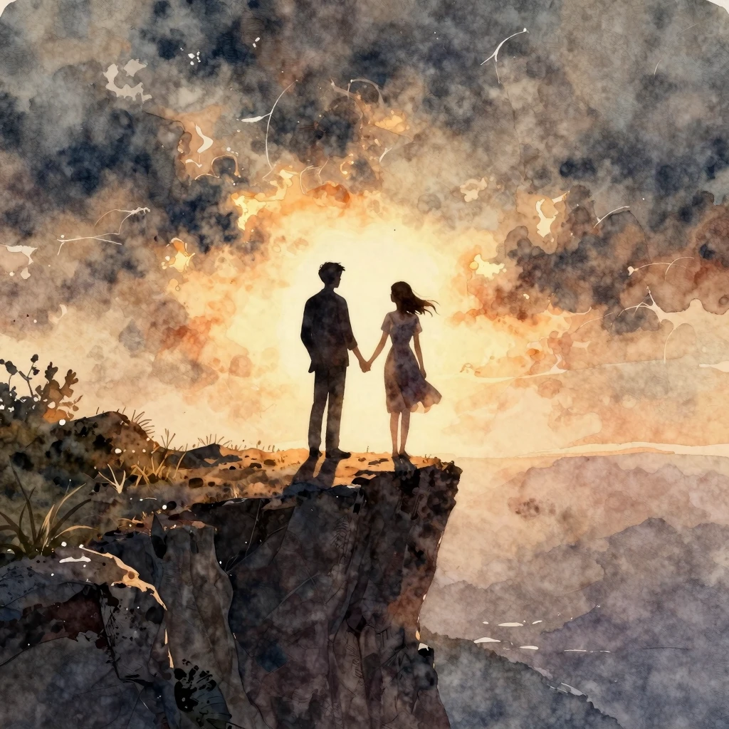 Watercolor style. Two silhouettes of lovers standing on a cl...