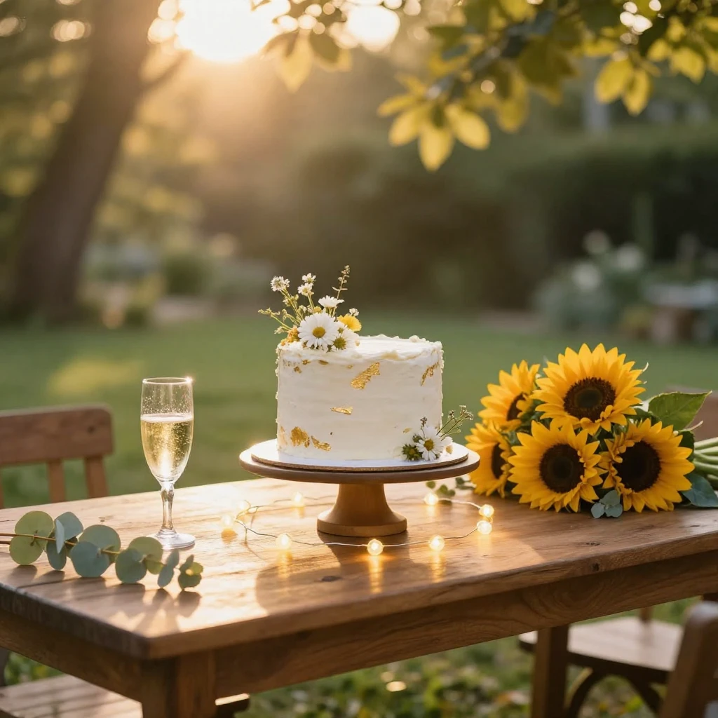 A beautifully decorated wooden table in a sun-drenched garde...