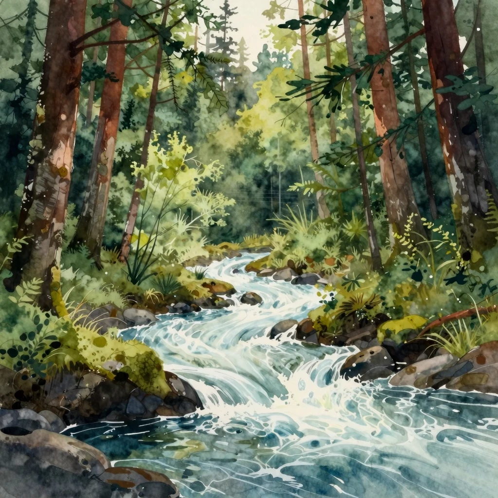 Vibrant watercolor illustration of a majestic, wild river fl...
