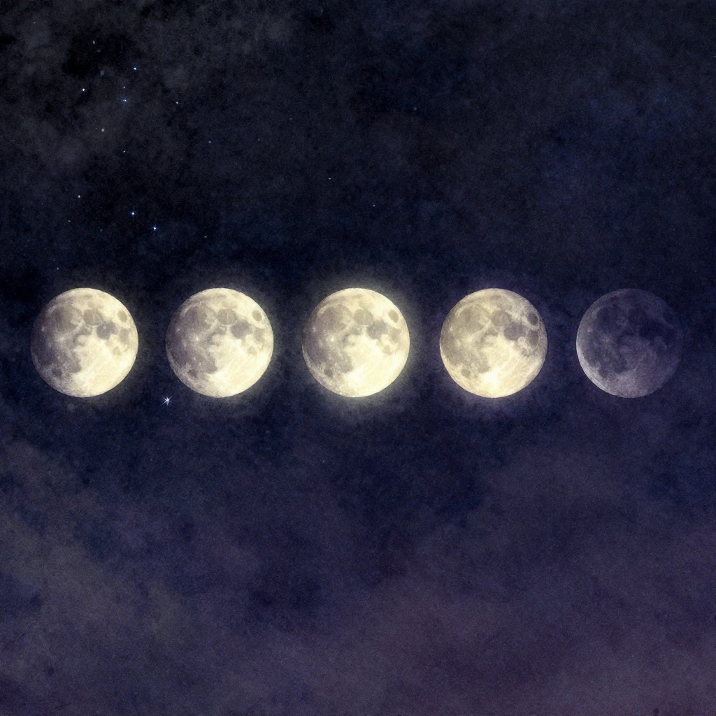 A series of moon phases depicted against a dark, starry sky,...