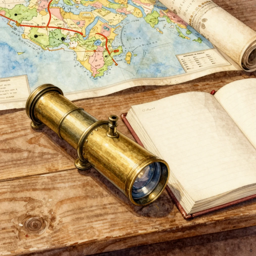 Watercolor style. A vintage brass telescope resting on a woo...