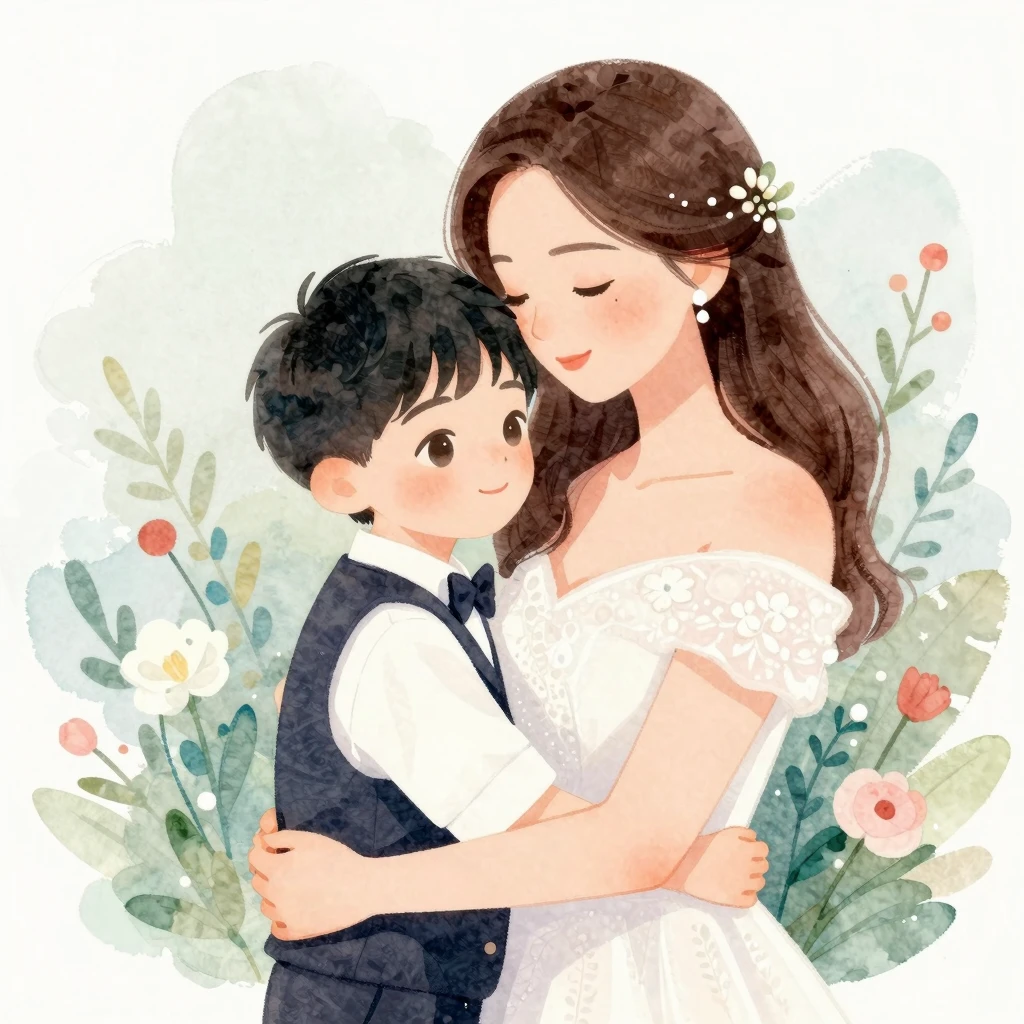 An artistic illustration of a mother embracing her son in we...