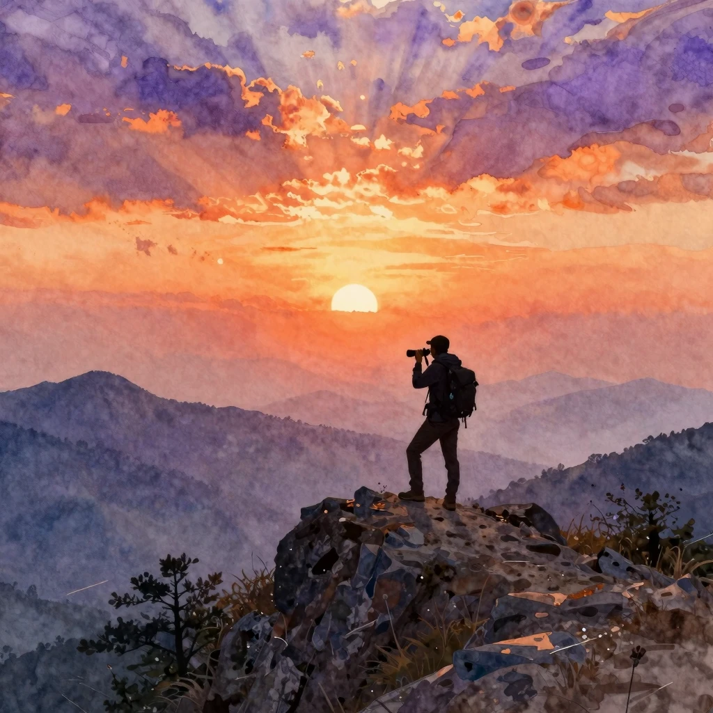 Watercolor style golden hour scene, silhouette of a hiker wi...