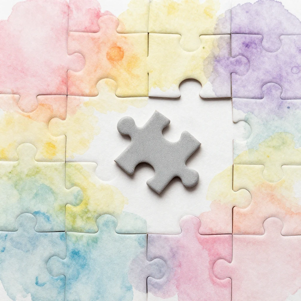 A single grey puzzle piece lying separately from a vibrant, ...