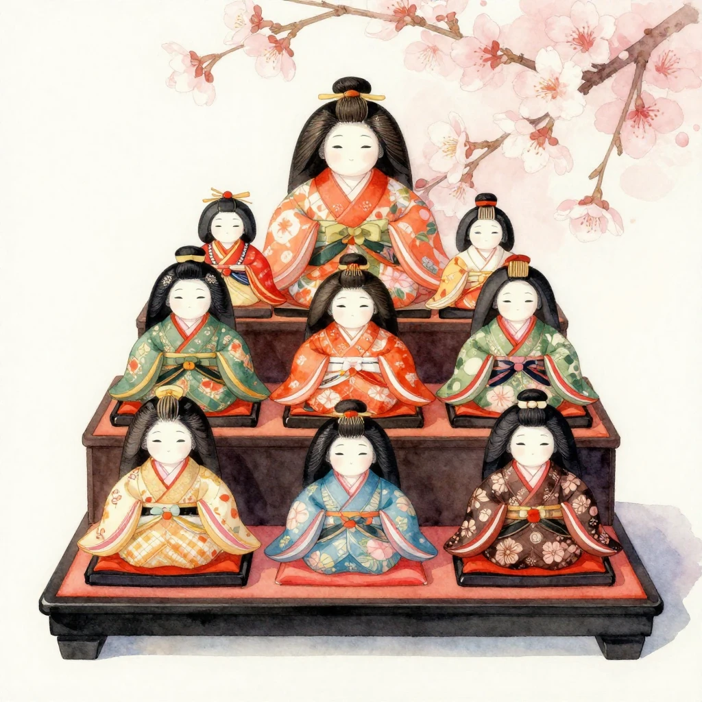 Traditional Japanese Hina dolls arranged on a tiered platfor...