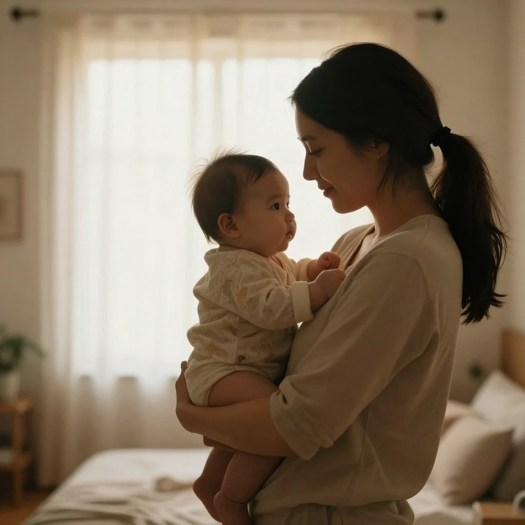A silhouette of a young mother holding a baby, bathed in war...