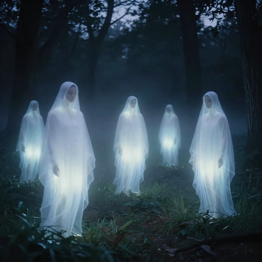 Ethereal spirits, translucent and glowing softly, rising fro...
