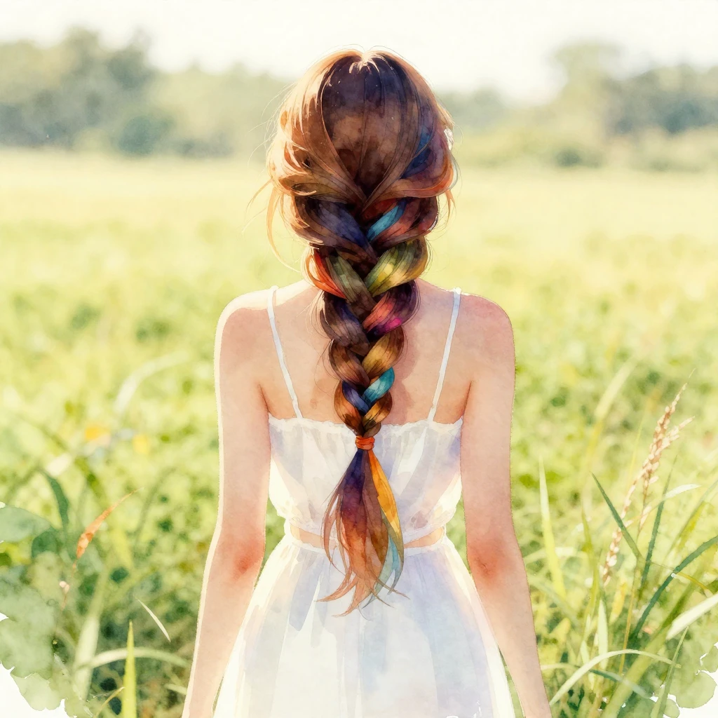 A vibrant watercolor silhouette of a woman from behind, with...