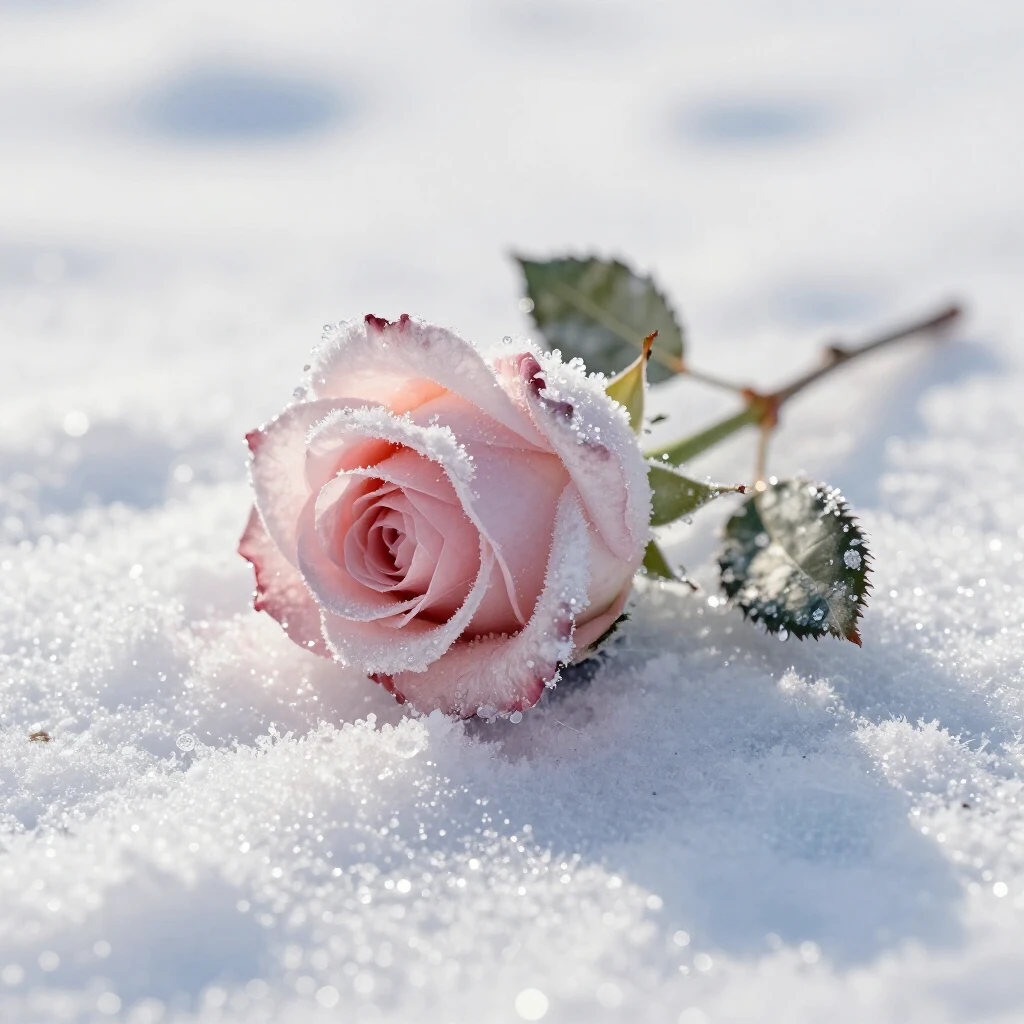 A watercolor painting focusing on a single frozen rose lying...