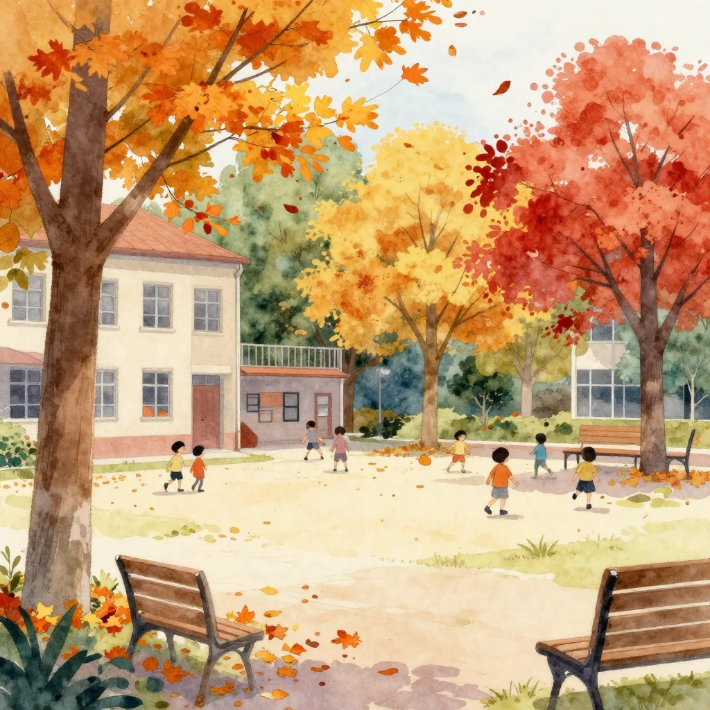 A vibrant watercolor illustration showcasing an old schoolya...