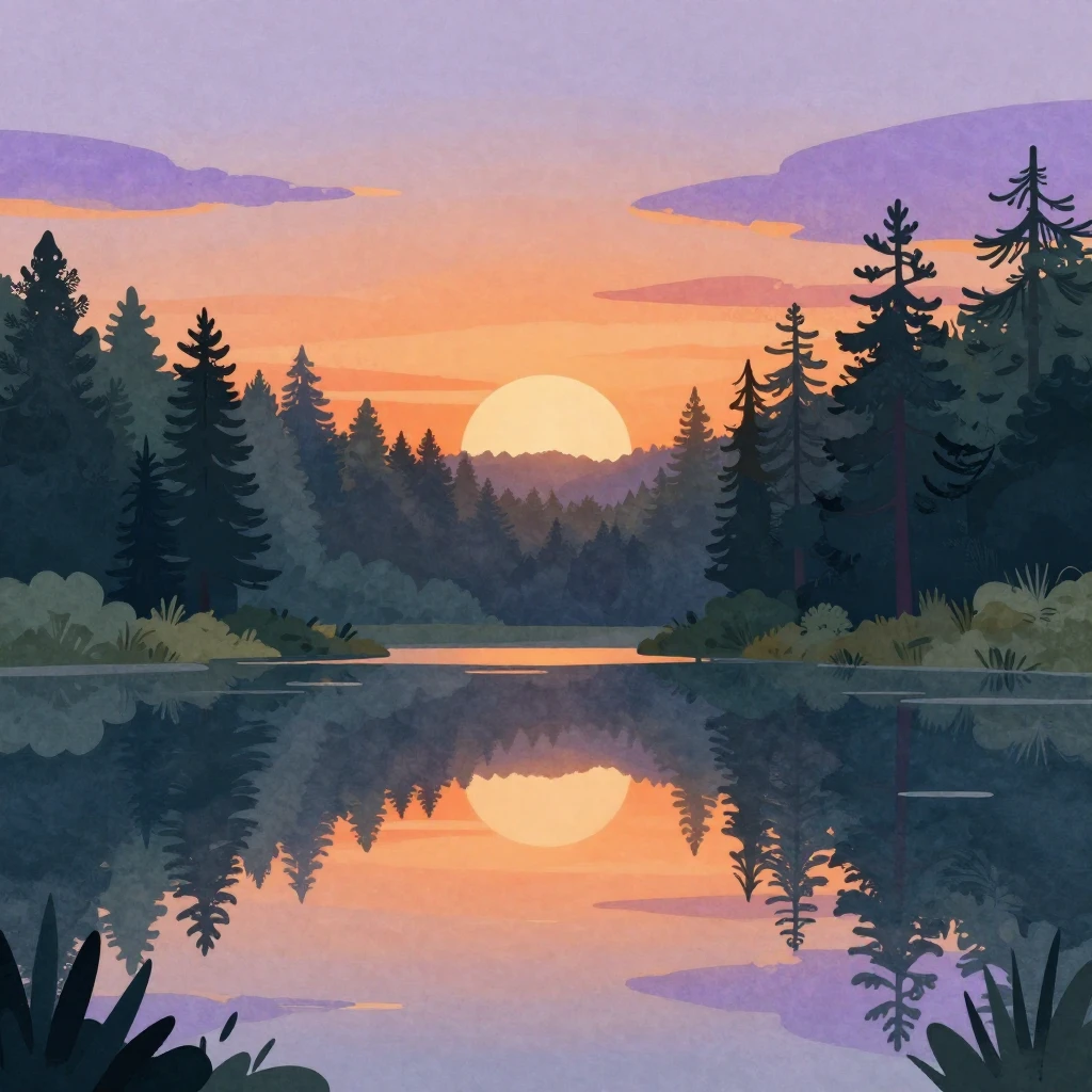 Watercolor style illustration of a peaceful nature scene at ...