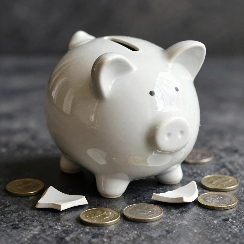 A close-up of a ceramic piggy bank, shattered into pieces, w...