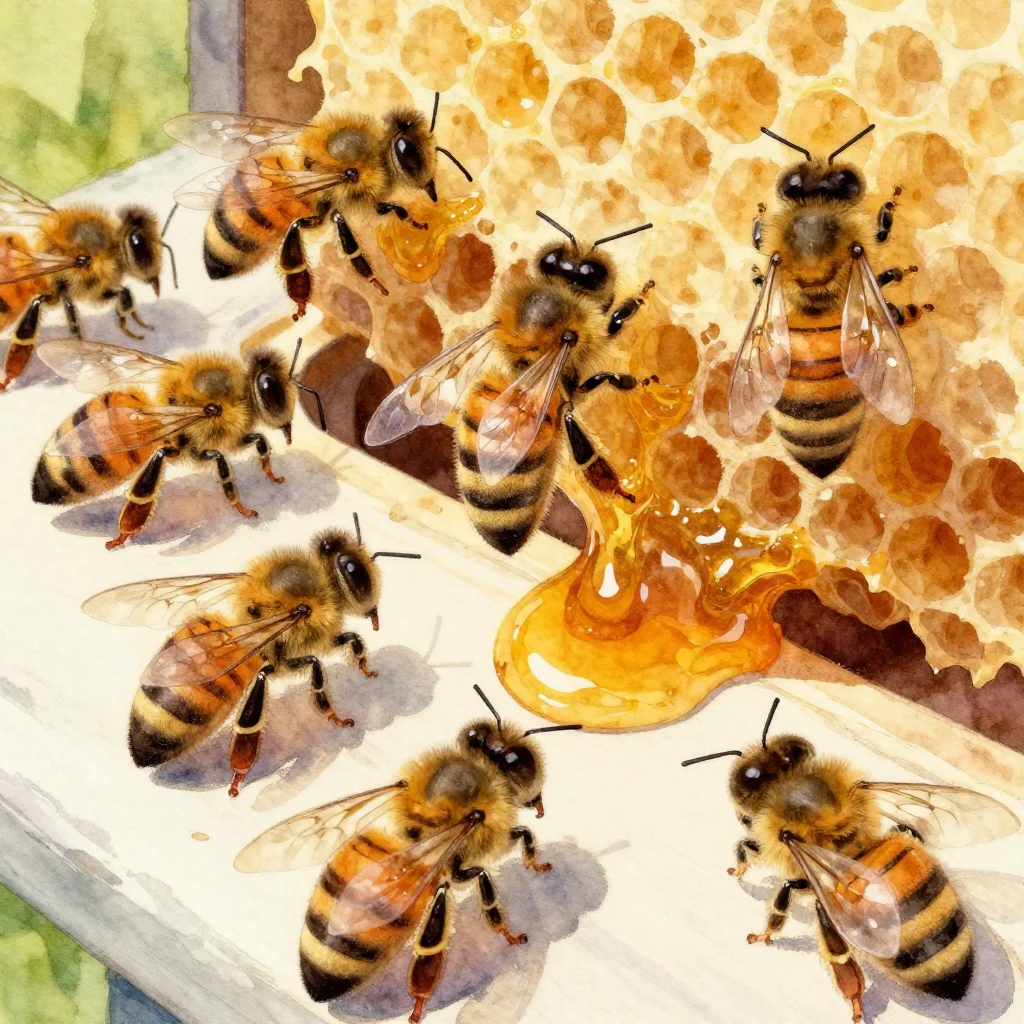 A close-up watercolor painting of busy bees around a beehive...