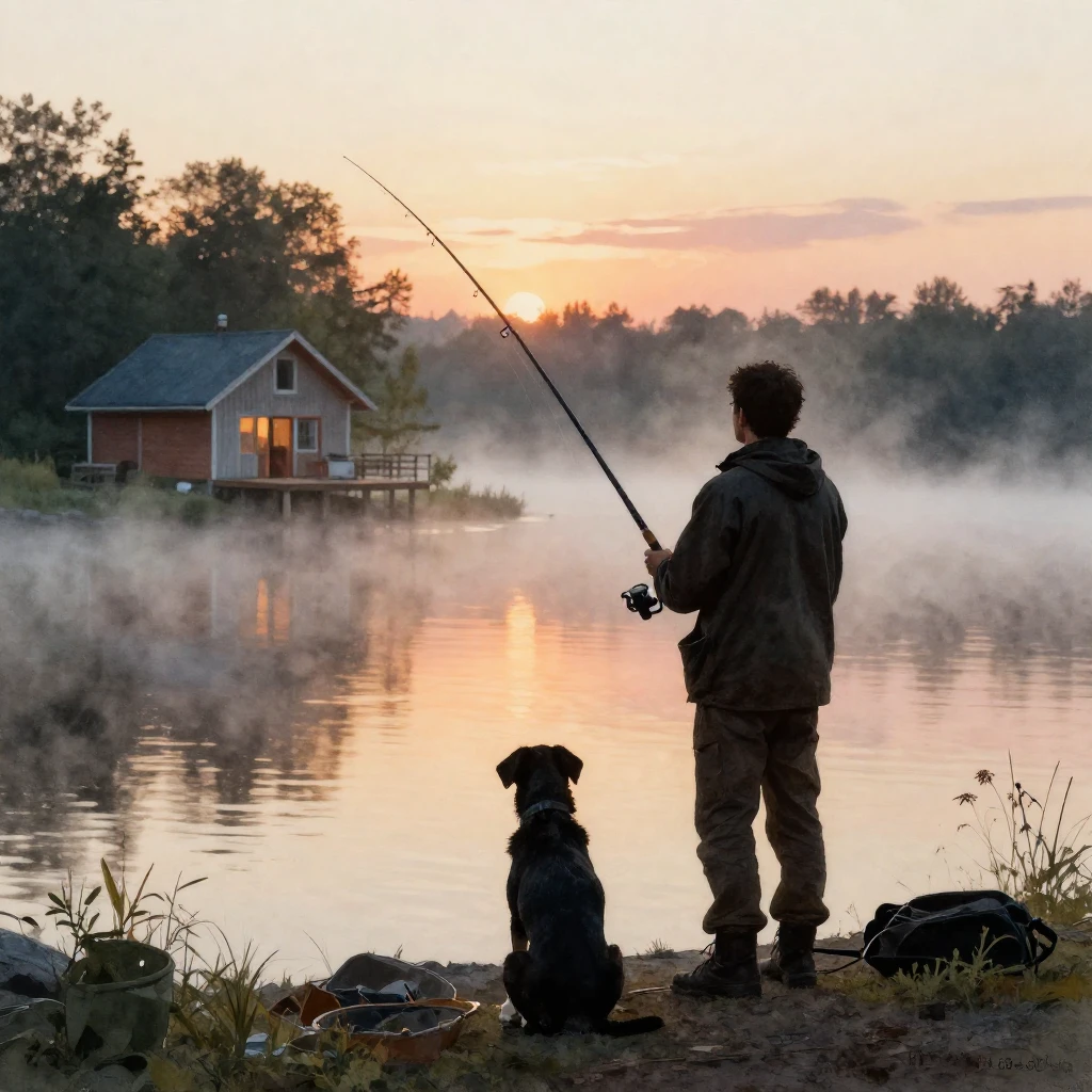 Watercolor painting of a silhouette of a man fishing with a ...