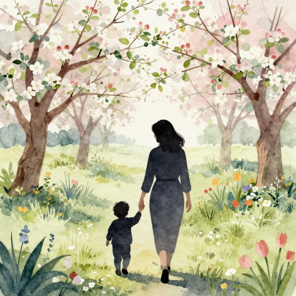 Watercolor style. A silhouette of a woman holding a toddler'...
