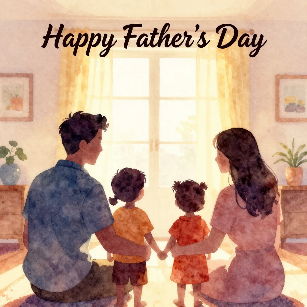 A vibrant watercolor painting depicting a warm family silhou...