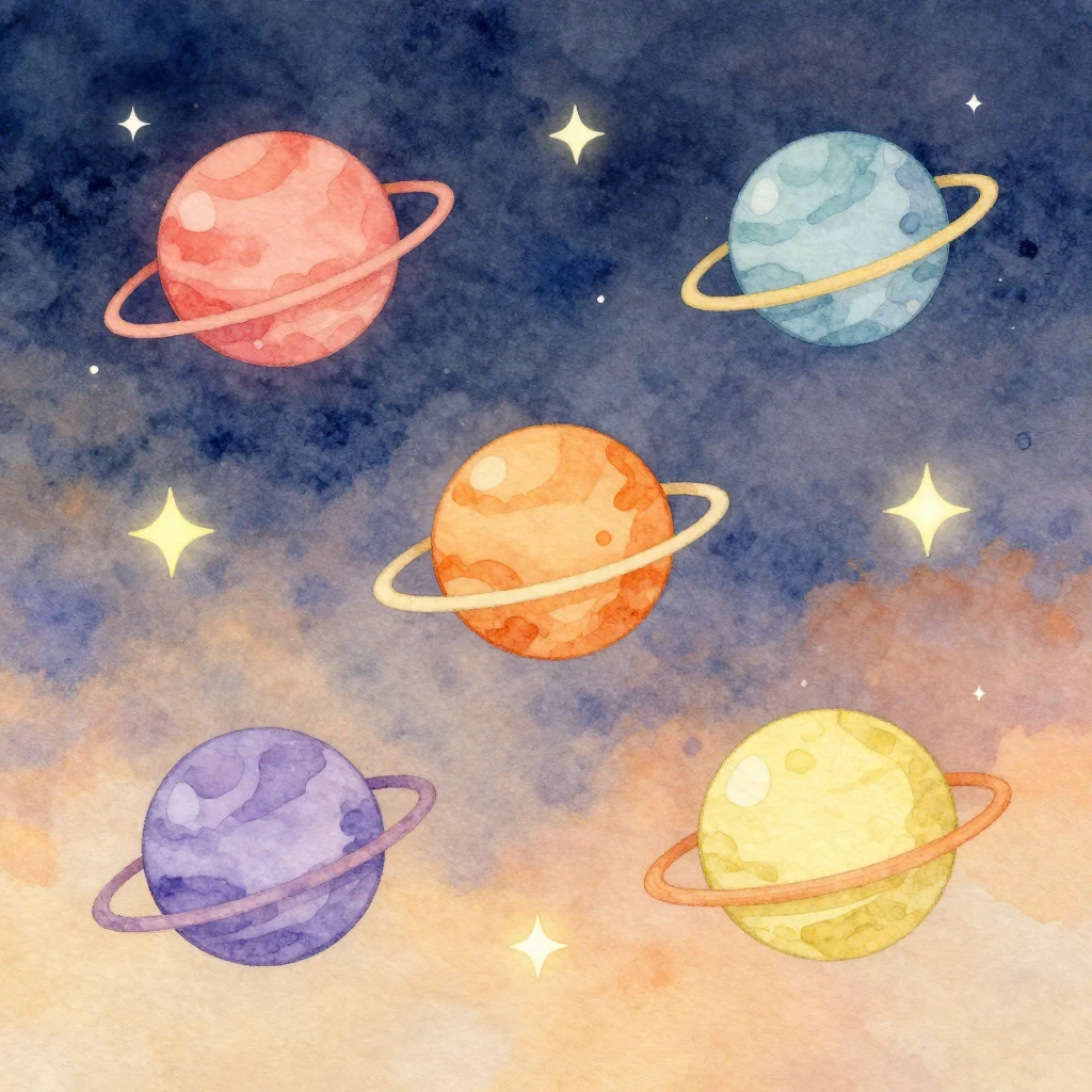 A whimsical watercolor illustration featuring four small, st...