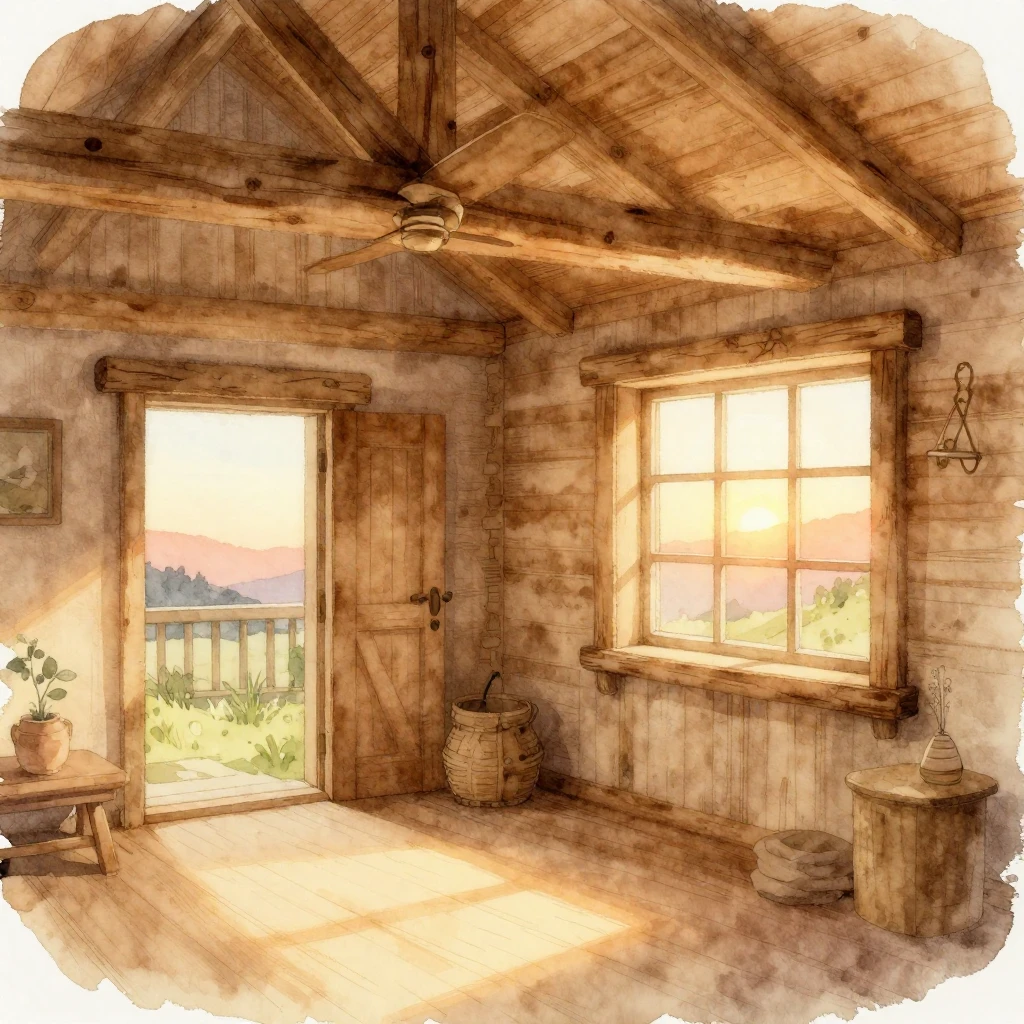 A watercolor illustration of a charming rustic wooden cabin ...