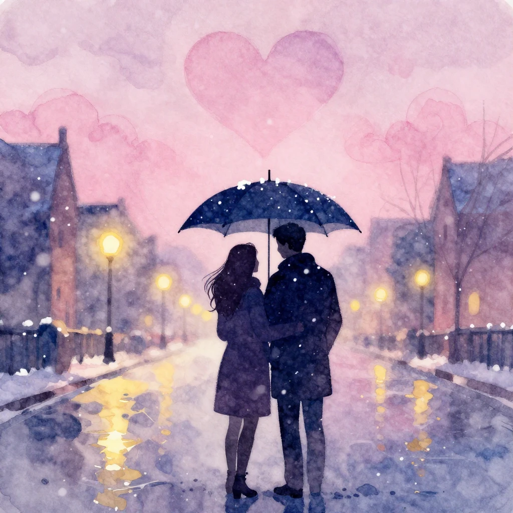 A romantic watercolor painting depicting two silhouettes of ...