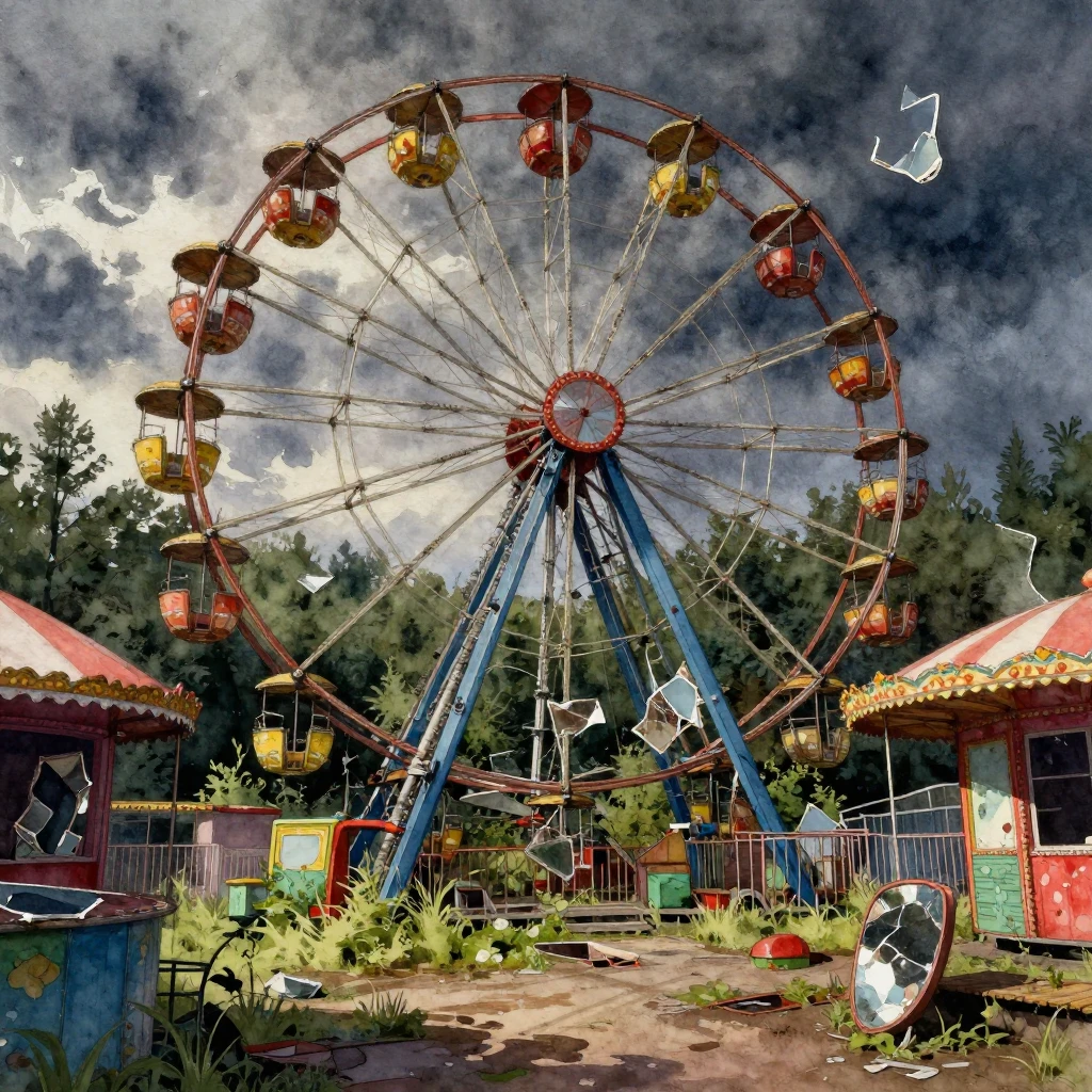 An abandoned amusement park scene, with a decaying Ferris wh...