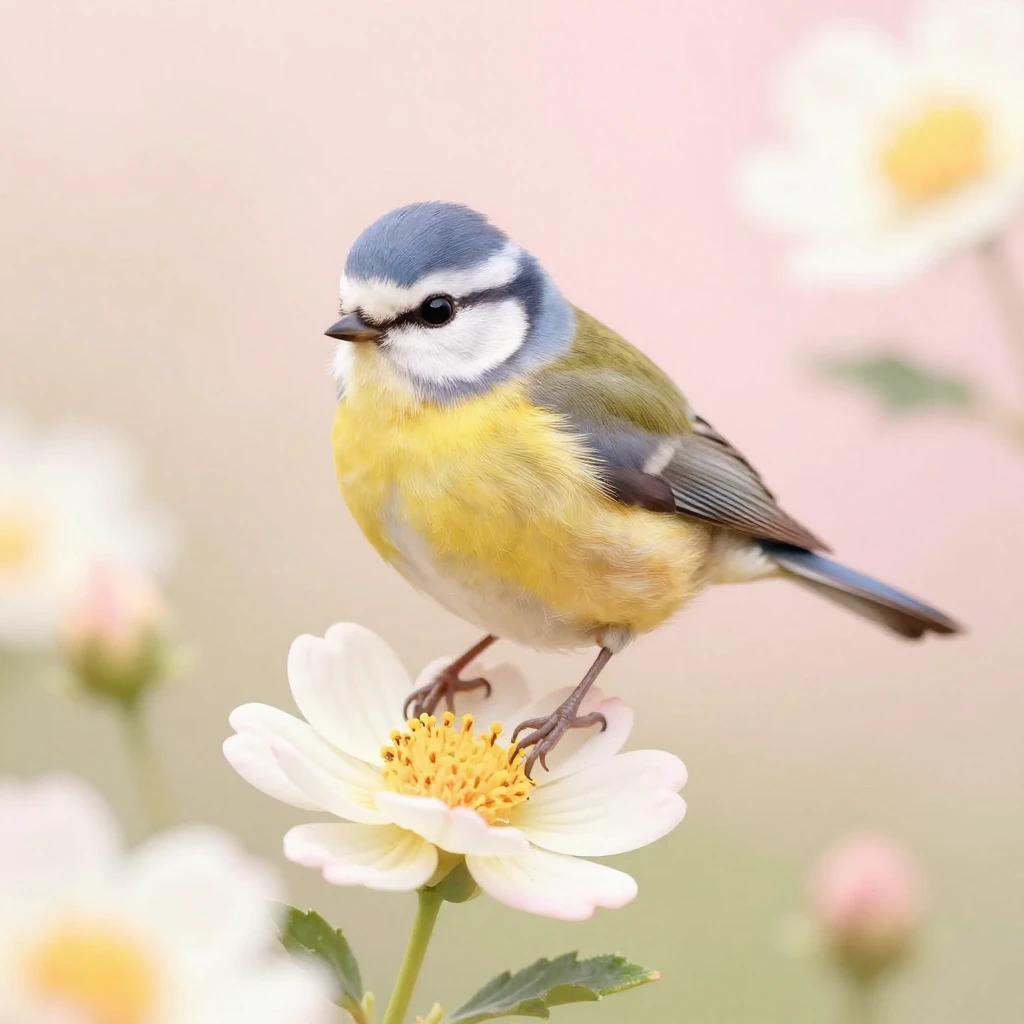 A whimsical illustration of a small, delicate bird perched o...