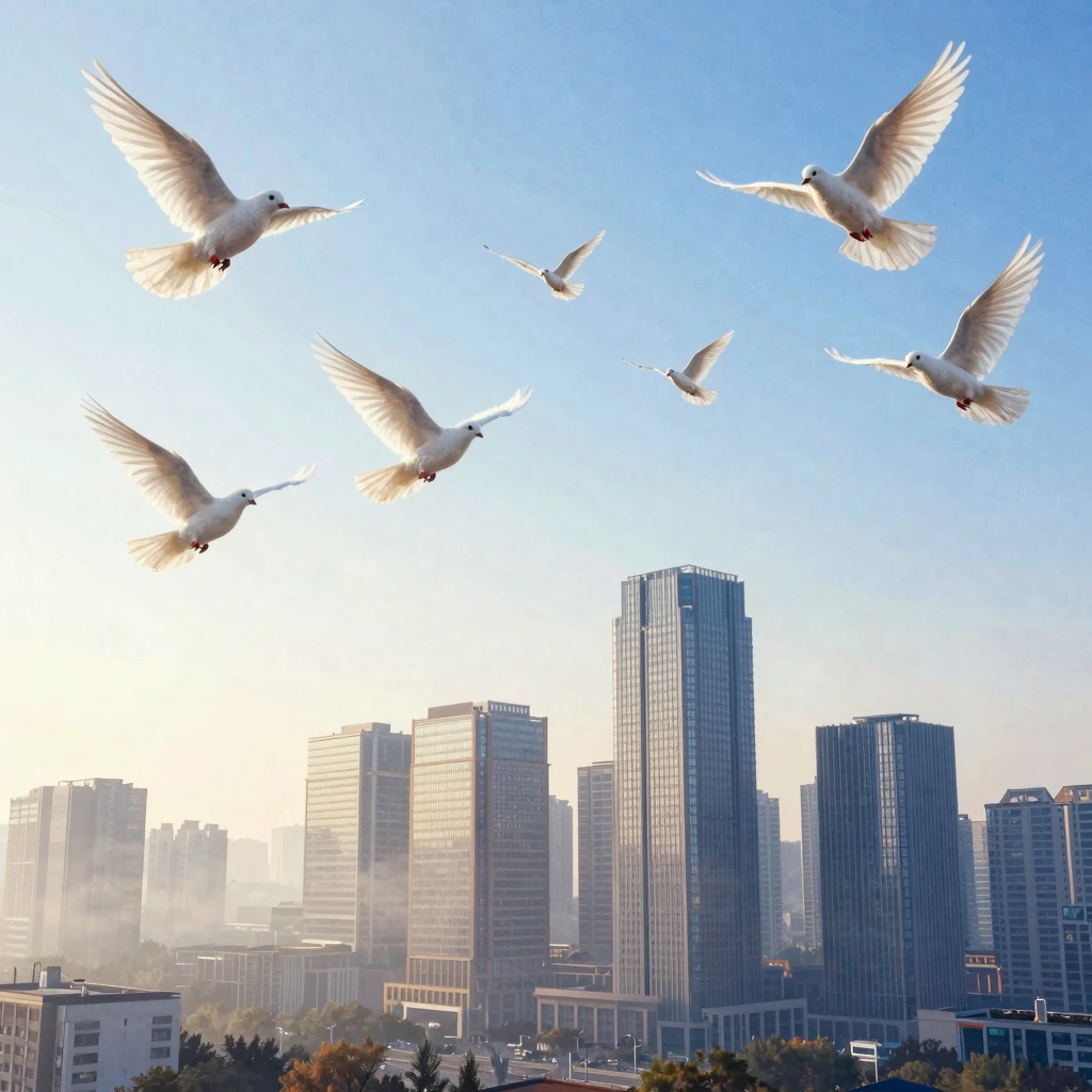 Watercolor style. Peaceful sunrise over a modern city, many ...