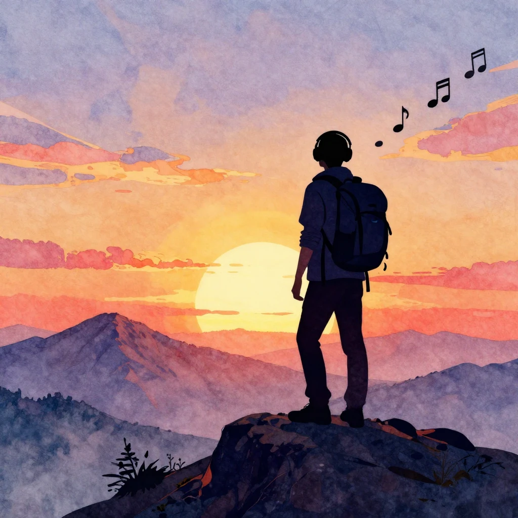 Watercolor painting of a silhouette of a person with a backp...