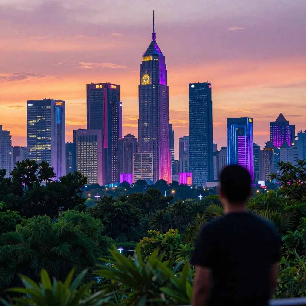 Vibrant synthwave cityscape at sunset, featuring stylized bu...
