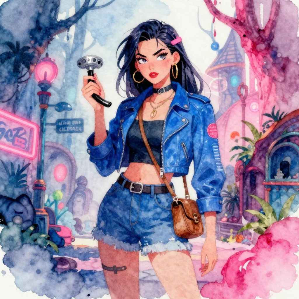 A watercolor style illustration depicting a modern, rebellio...
