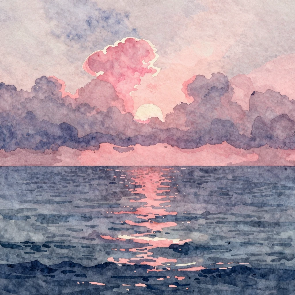 Watercolor painting of an ocean scene at dawn, with a dramat...