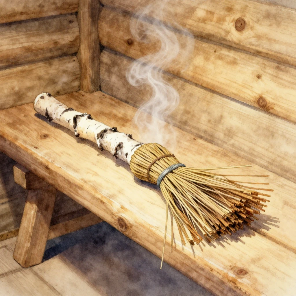 Watercolor painting close-up of a birch venik broom resting ...