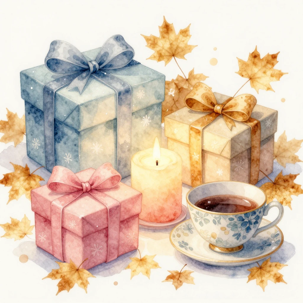 Watercolor illustration of pastel festive gift boxes surroun...