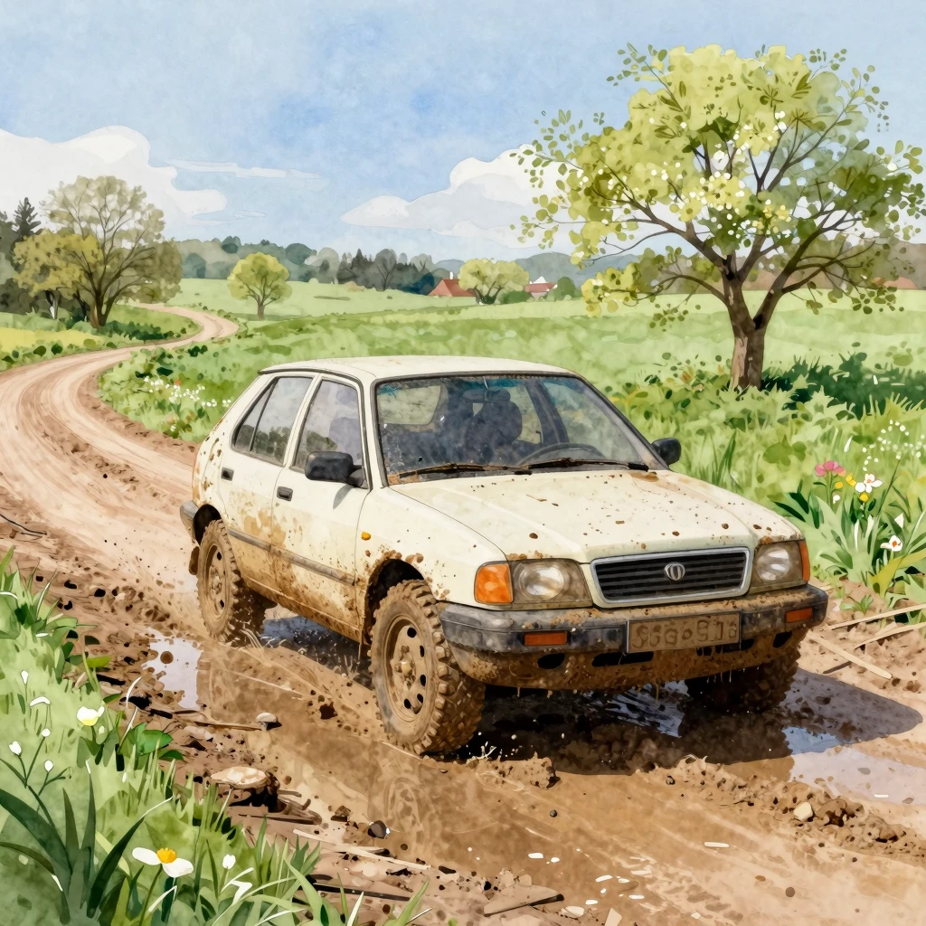 Vibrant watercolor style. A muddy car with studded tires dri...