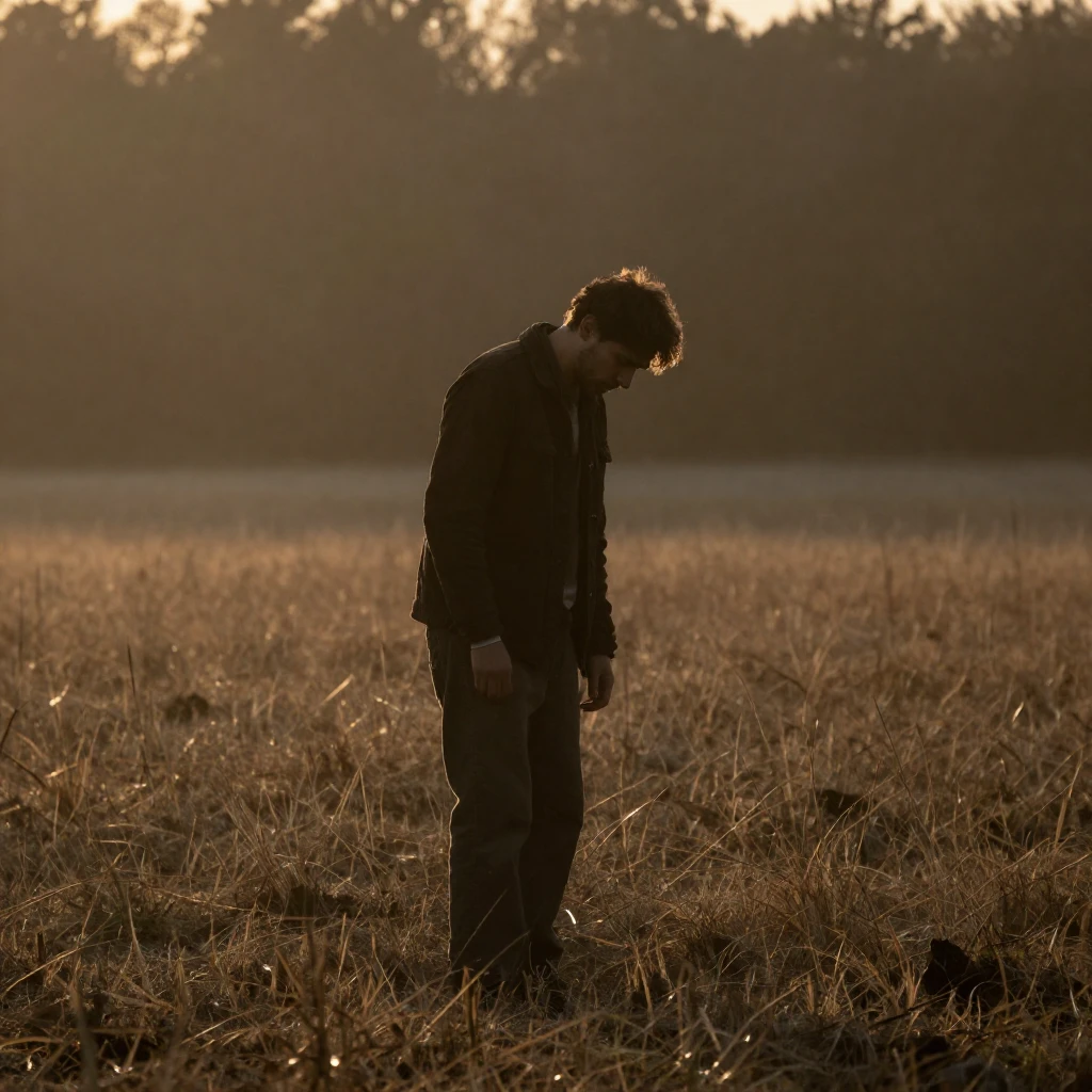 A rustic, melancholic silhouette of a man with a slight hunc...