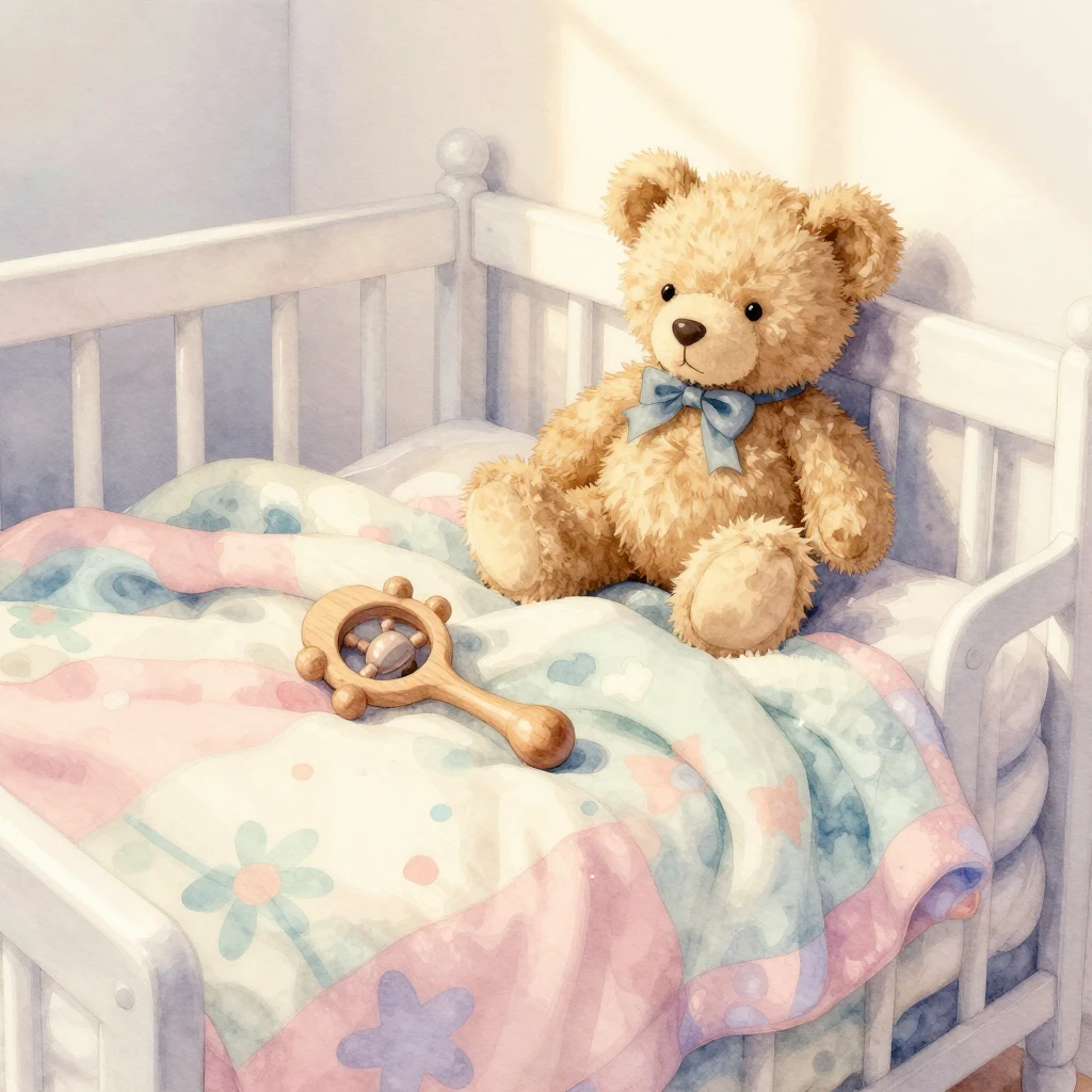 Watercolor style. Soft cozy nursery with a pastel blanket, p...