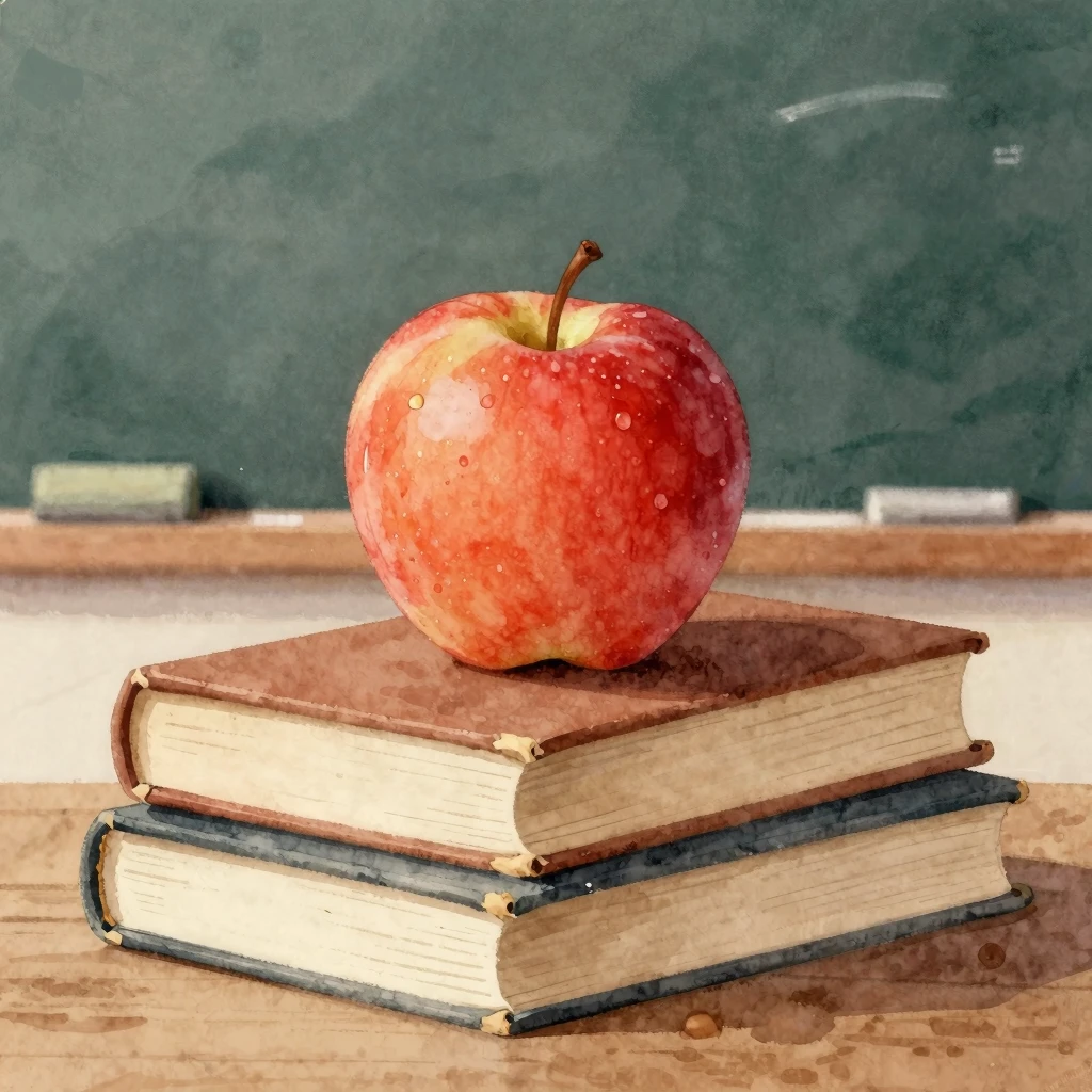 A warm watercolor illustration of a red apple on a stack of ...