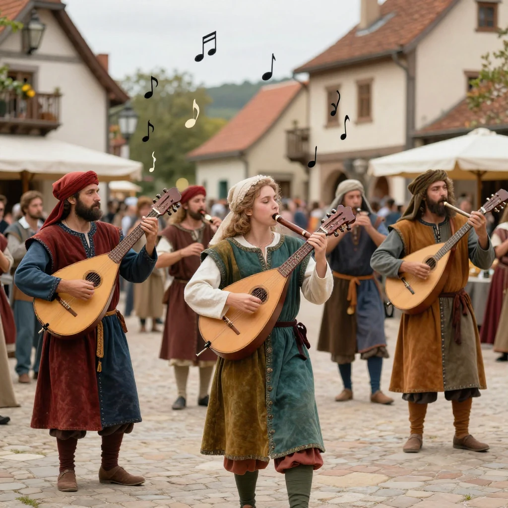 A group of colorful medieval bards, dressed in period attire...