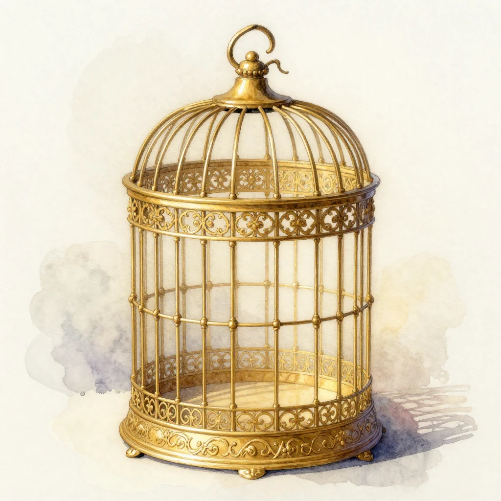 A watercolor painting of an ornate golden cage, intricately ...