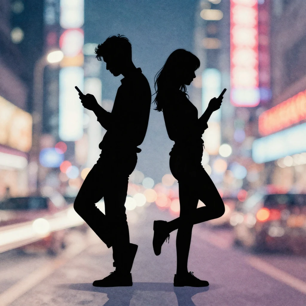 A silhouette of a young man and a woman, depicted in a dynam...