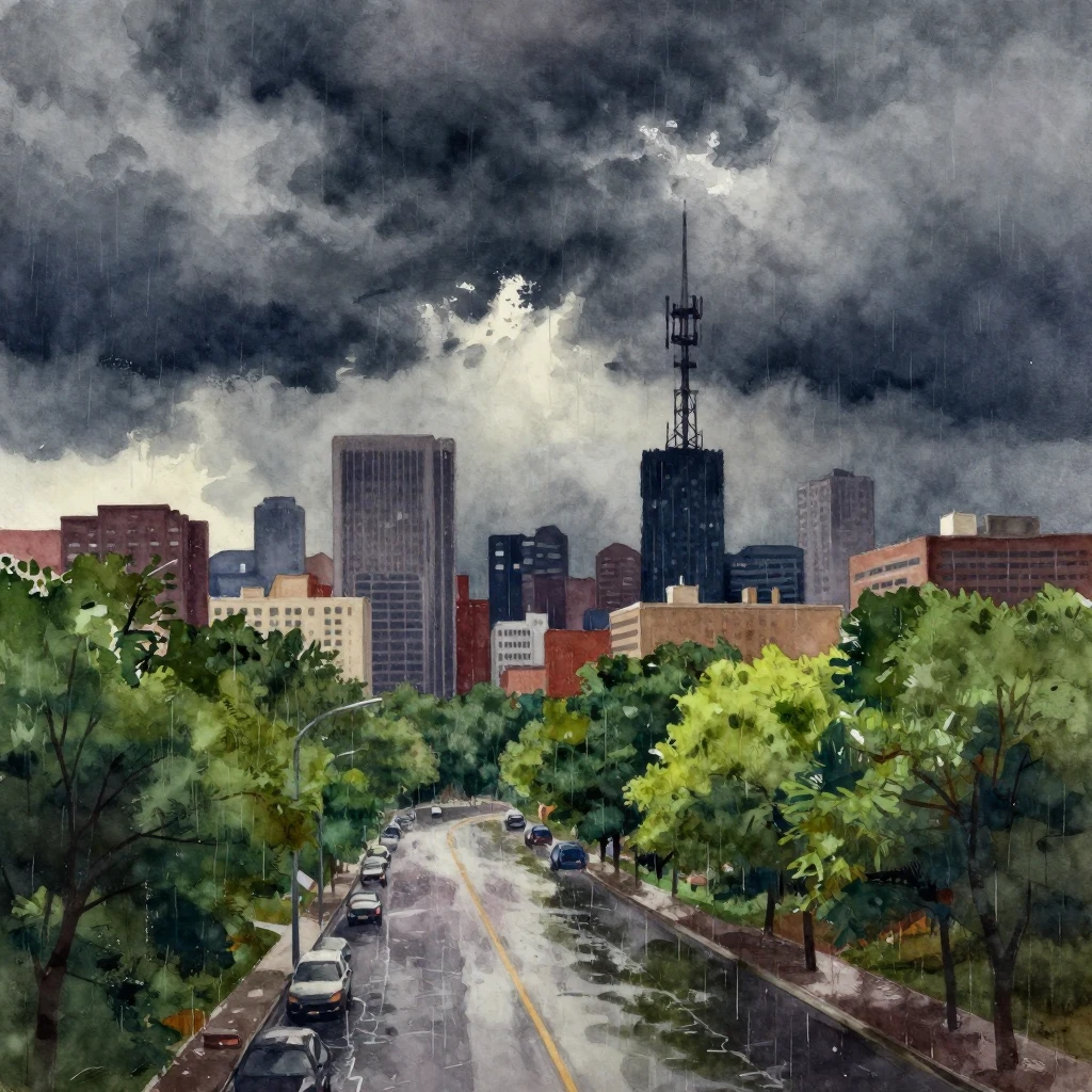 A vibrant watercolor painting depicting a dark, moody city s...