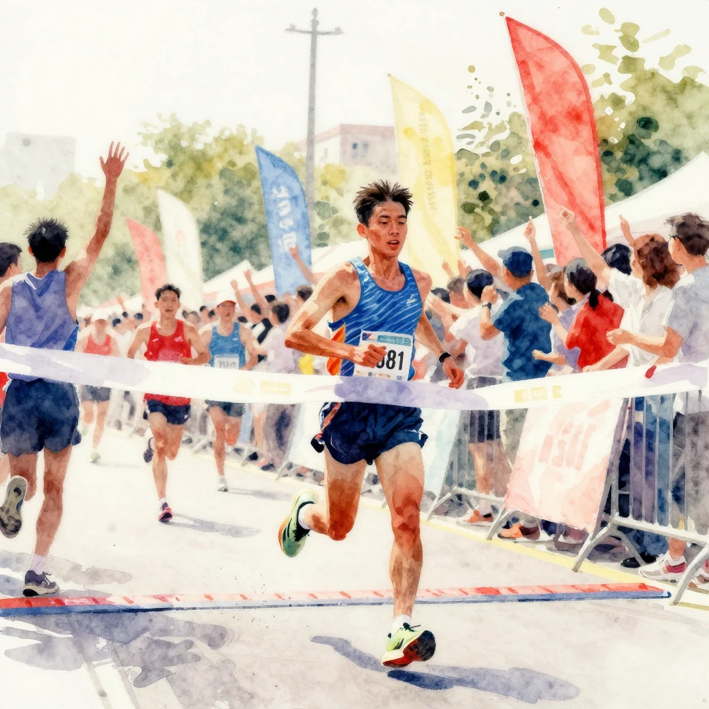 A vibrant watercolor painting of a runner crossing a finish ...