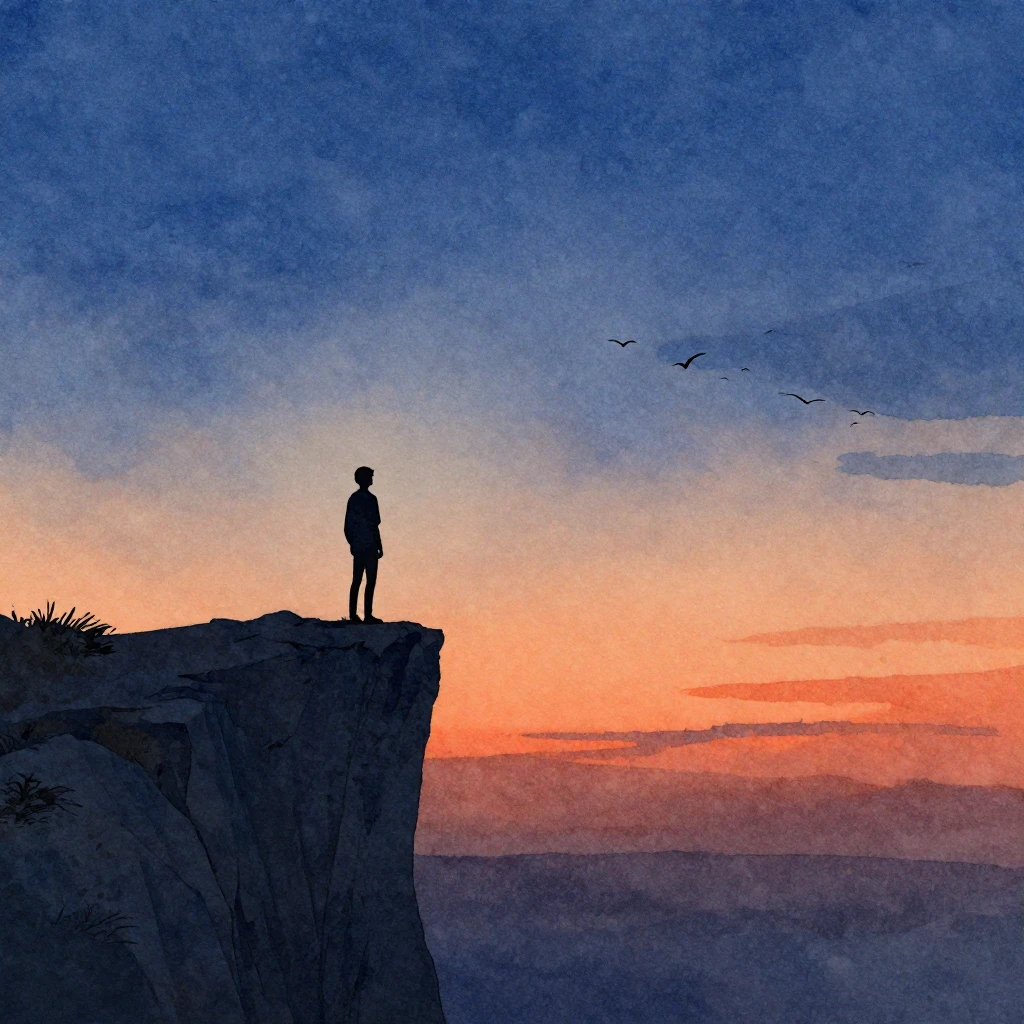 Watercolor style. A silhouette of a person standing on the e...