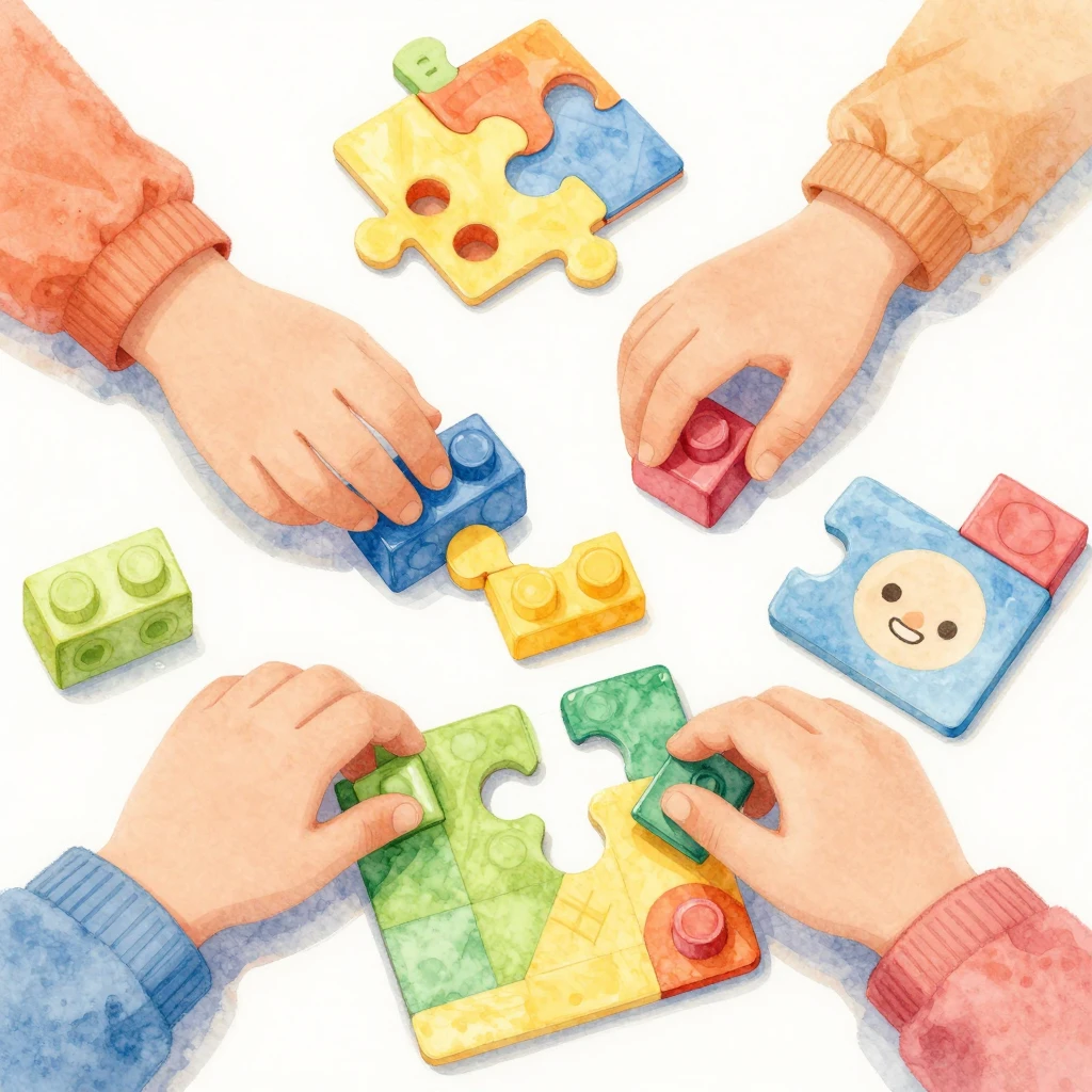 A colorful watercolor illustration of children's hands playi...